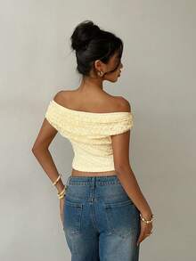 Aloruh 浅黄色露肩短袖蕾丝衬衫，优雅职场必备上衣 - 淡黃色 - 查看 3