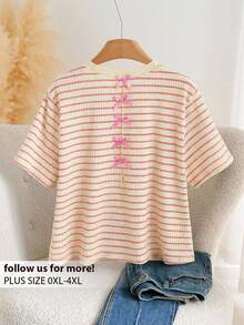 CosyJoli Plus Size Women's Casual Commuter Striped Print Bowknot Decor Short Sleeve T-Shirt, Summer - Pink - View 1