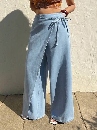 Sunnyshic Plus Size Women Loose Fit Asymmetrical Waistband Design Straight Leg Jeans, Casual Cowboy Outfits