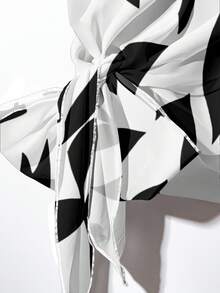 SHEIN Clasi Bộ đồ 2 mảnh phong cách cổ điển thanh lịch, đa năng, màu trắng ấm áp với họa tiết hoa đen, áo tay ngắn cổ tròn dáng rộng có nơ buộc và quần ống đứng, thoải mái cho mùa thu/đông, thích hợp cho công sở. - Nhiều màu - Xem 3