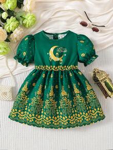 Baby Girls Unique Print Cute Puff Sleeve Dress - Green - View 3