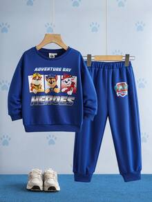 SHEIN | PAW Patrol 2pcs/Set Boys' Letter & Cartoon Graphic Crew Neck Long Sleeve Sweatshirt And Elastic Waist Sweatpants Set - Blue - View 1