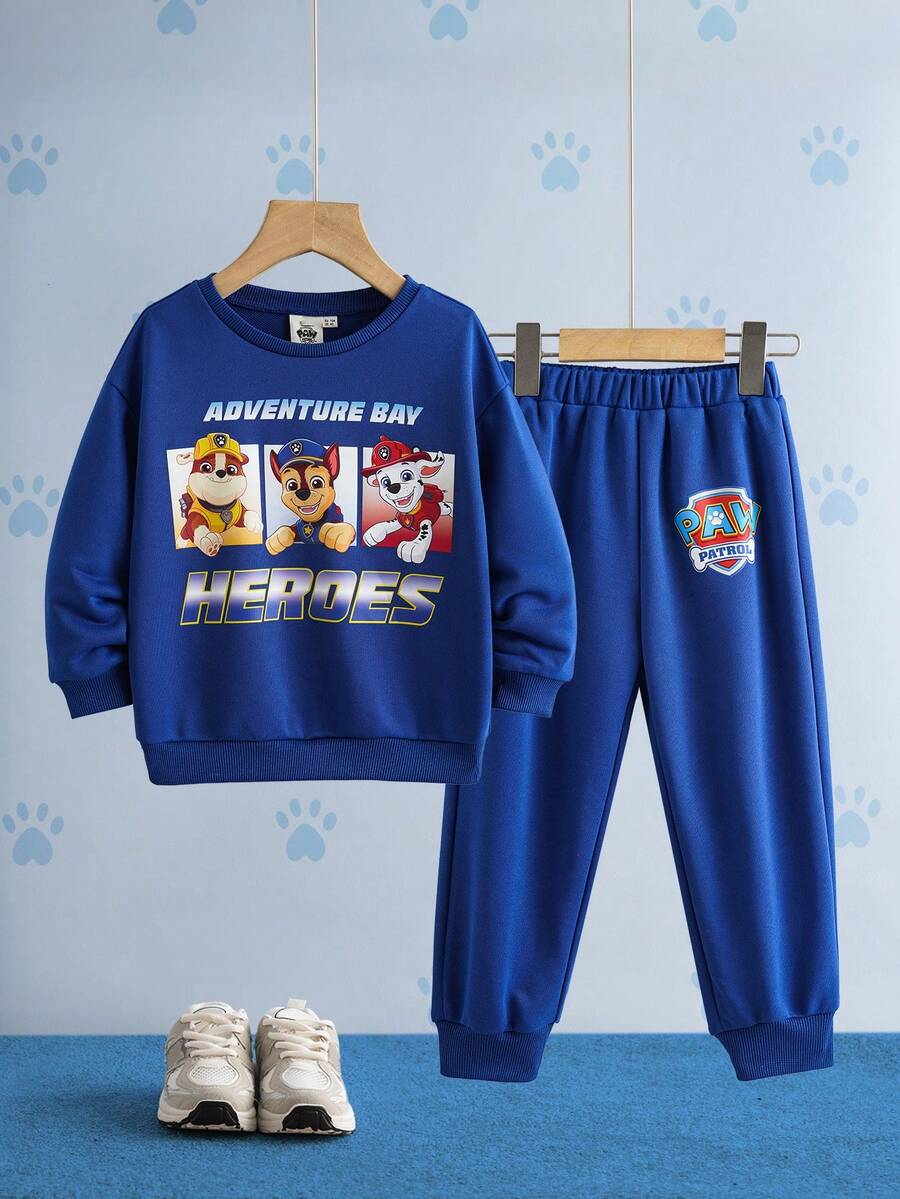 SHEIN | PAW Patrol 2pcs/Set Boys' Letter & Cartoon Graphic Crew Neck Long Sleeve Sweatshirt And Elastic Waist Sweatpants Set - Blue - View 1