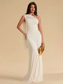 SHEIN BAE 不对称薄纱系带腰连衣裙，优雅沙滩裙，轻盈连衣裙，度假沙滩装 - 杏色 - 查看 1