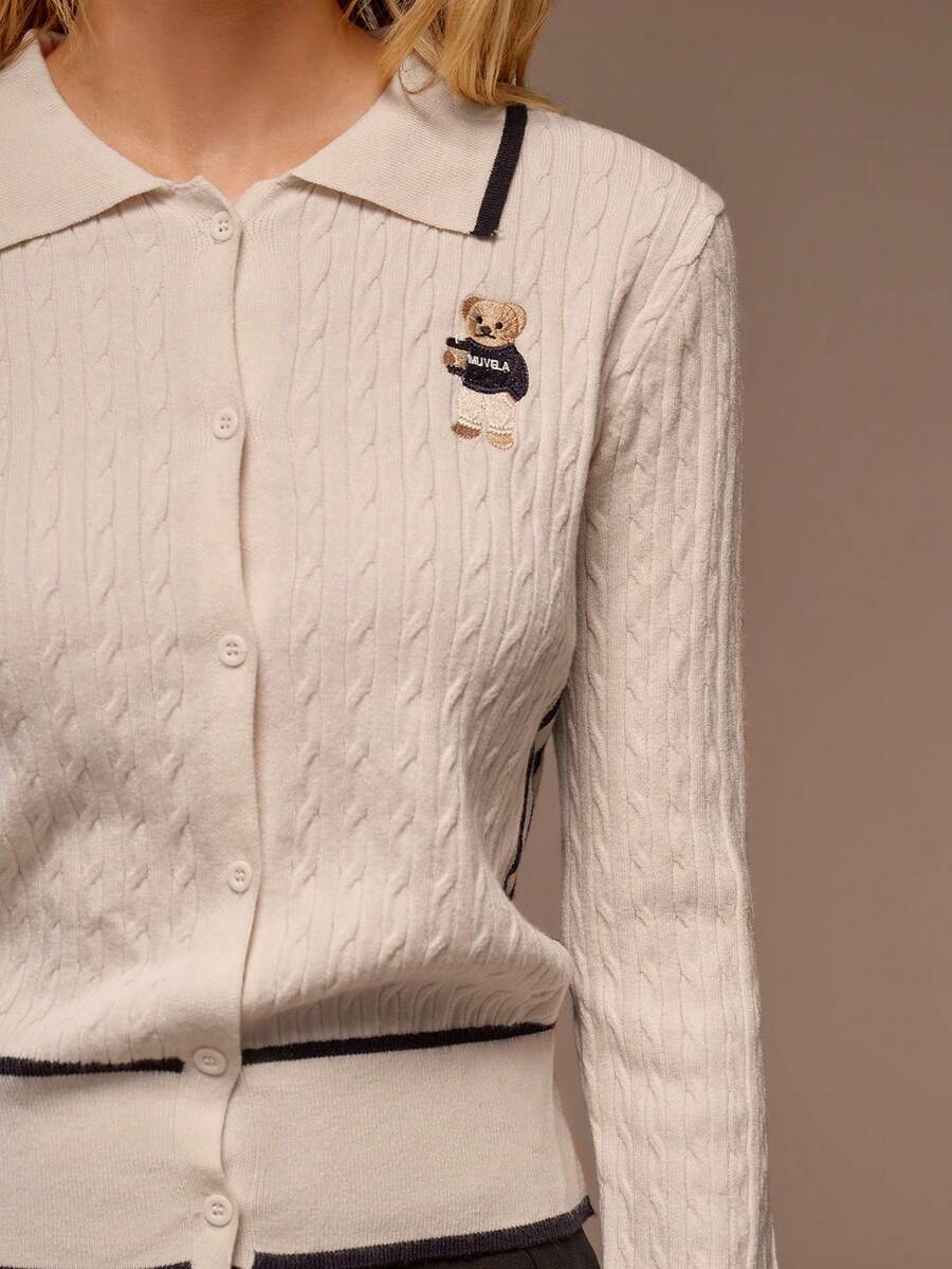 Muvela Áo khoác cardigan dệt kim móc màu trắng mới cho mùa xuân/hè, phối viền tương phản, đính họa tiết gấu bông, phong cách retro Y2K sành điệu, thích hợp cho công sở, kỳ nghỉ, bãi biển, hẹn hò, tiệc tùng, lễ tốt nghiệp, tựu trường, đa năng và thời trang. - Màu xanh lam - Xem 1