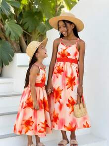 SHEIN Sparklyn Gaun Anak Perempuan Motif Bunga Elegan dengan Tali Bahu Berkerut, Cocok untuk Pakaian Kasual, Sehari-hari, dan Liburan, Warna Oranye Musim Semi/Panas - Jeruk - View 9