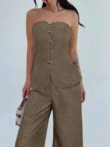 Firerie 女士优雅简约金属纽扣吊带背心和高腰阔腿卡其裤两件套，适合通勤、休闲、度假穿着。 - 摩卡棕 - 查看 3