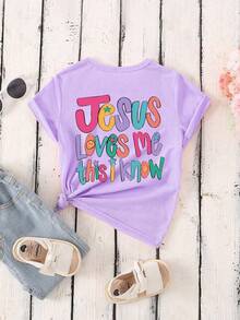 SHEIN Young Girl Basic Short Sleeve T-Shirt With Slogan Print, Summer - Mauve Purple - View 5