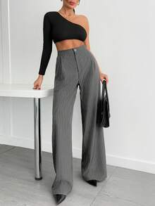 EURMUSE Pleated Loose Casual Straight Leg Striped Pants With Pockets - Light Grey - View 4