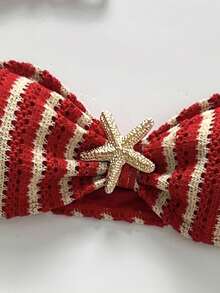 SHEIN Swim Vcay Women's Summer Vacation Beach Hollow Out Striped Knit Bikini Set - Red - View 10