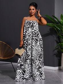 Slaydiva Plus Size Women's Abstract Floral Plant Zebra Print Sleeveless A-Line Maxi Dress Summer Boho Nomadic Style Loose Holiday Beach Vacation Wear White - Black and White - View 7