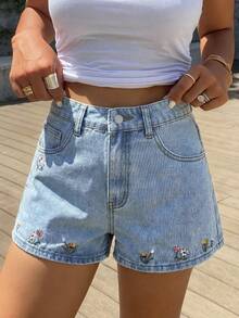 SHEIN EZwear 女士休闲花卉刺绣水洗浅蓝色牛仔短裤，适合夏季度假、日常通勤，百搭 - 淺色水洗藍 - 查看 7