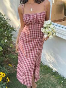 SHEIN EZwear 女士红色格子中长连衣裙 - 紅色 - 查看 7