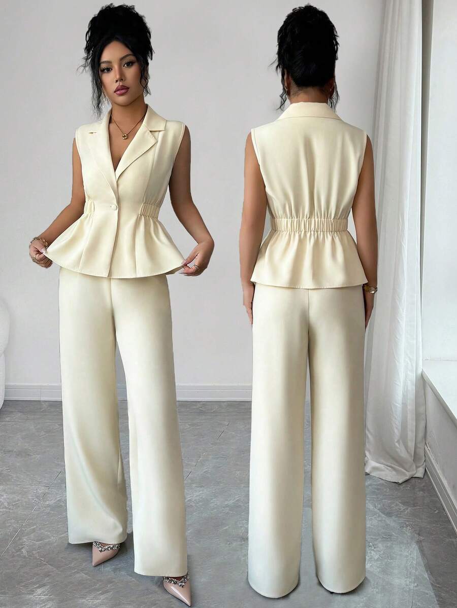 SHEIN Elenzya 优雅浪漫的通勤/工作套装，弹力腰带A字型西装外套+裤装，浅黄色 - 鵝黃色 - 查看 1