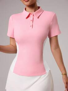 CourtClass Women's Solid Color Button Golf Polo Shirt, Fitted Short Sleeve, Summer - Pink - View 4