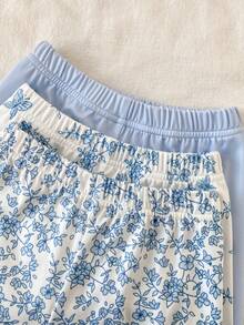 6pcs Baby Girls' Floral Print Short Sleeve Shorts Snug Fit Casual Homewear Set Spring Toddler Sets Baby Girl Blue Sets - Blue - View 7