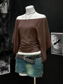 EgrlEra Vintage Off Shoulder Solid Color Ruched Waist Long Sleeve T-Shirt - Brown - View 3