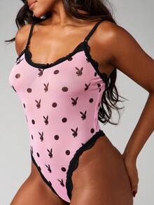 Missguided x Playboy 波点网纱连体衣，蕾丝边饰，兔子印花，适合夜晚和休闲场合穿着 - 彩色 - 查看 4