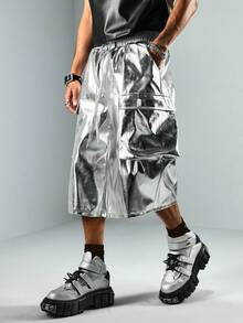 ROMWE MEN Street Life Men's Fashionable Shiny Silver 7-Inch Cargo Shorts, Summer - Silver - View 5