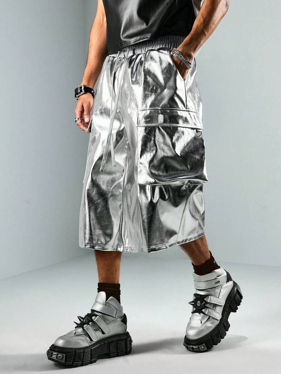 ROMWE MEN Street Life Men's Fashionable Shiny Silver 7-Inch Cargo Shorts, Summer - Silver - View 1