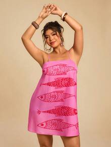 Travachic 大码春夏度假装，无袖印花梭织迷你连衣裙，波西米亚风沙滩装，女士春夏时尚度假热带风情，多种丑鱼印花，休闲舒适早午餐装，海洋印花，夏季阳光连衣裙，母亲节礼物，母女装。复古沙丁鱼印花，波西米亚风服饰 - 玫紅色 - 查看 6