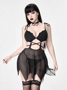 ROMWE Goth Camisón y tanga sexy de malla con aros y diseño asimétrico de murciélagos góticos - Negro - Ver 5