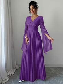 Elenzga V-Neck Pleated Open Sleeve Elegant Romantic Women Dress Maxi Women Outfit - Purple - View 4