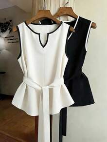 Franclia 女士撞色极简无袖衬衫，春夏款 - 杏色 - 查看 5