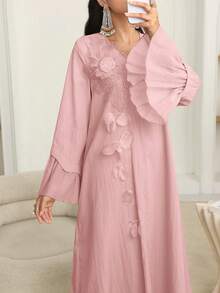 SHEIN Najma Đầm xòe dài tay dáng rộng, cổ chữ V, họa tiết hoa 3D, thanh lịch dành cho nữ. - Hồng - Xem 6