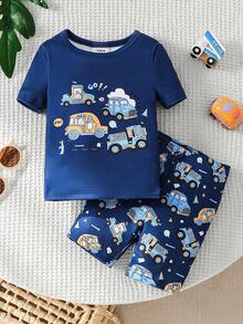 5件/套 随机发货 1套幼儿男童紧身睡衣，汽车字母印花，云朵装饰，休闲凉爽夏季短袖短裤睡衣套装 - 彩色 - 查看 3