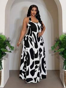 Veslaya Plus Size Women's New 2026 Spring/Summer Music Festival Black & White Print Halter Waist Split Woven Dress, Sleeveless - Multicolor - View 9