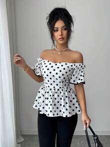 Elenzga 法式波点设计感短袖衬衫，女士性感露肩A字荷叶边单肩上衣，适合日常外出、假日约会 - 彩色 - 查看 5