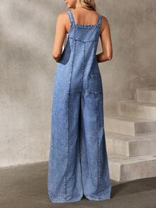 EMERY ROSE Women's Casual Everyday Loose Fit Denim Bib Overalls With Pockets, Summer - Blue - View 2