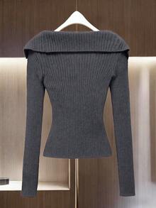 GlowEve 女士 Niche 黑色翻领收腰细罗纹长袖开衫，适合日常穿着和户外活动，春秋季皆宜。 - 深灰色 - 查看 2