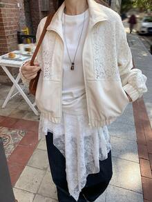 Livesso Lace Patchwork Casual High Collar Women Regular Jacket - Beige - View 3