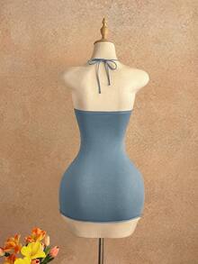 Elamini 性感露背度假针织连衣裙 - 藍色 - 查看 2