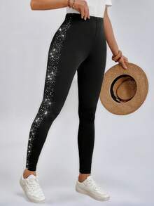 Miaspire Women Sparkle Printed Casual Leggings - Black - View 7