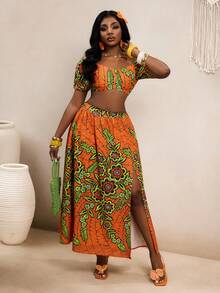 BamGleam 女士度假植物印花露肩短款上衣和侧开衩中长裙两件套 - 彩色 - 查看 4