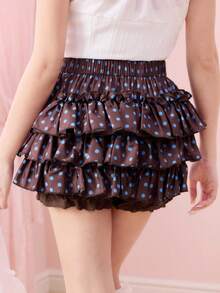 ROMWE Kawaii Quần short nữ phối ren chấm bi tương phản màu, cạp chun, điểm nhấn bèo nhún đáng yêu. - màu nâu - Xem 3