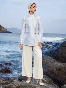 Veilorie New Elegant Romantic Elegant Handmade Beaded High Waist Tie Waist Everyday Versatile Party Vacation Wide Leg Pants - Apricot - View 4