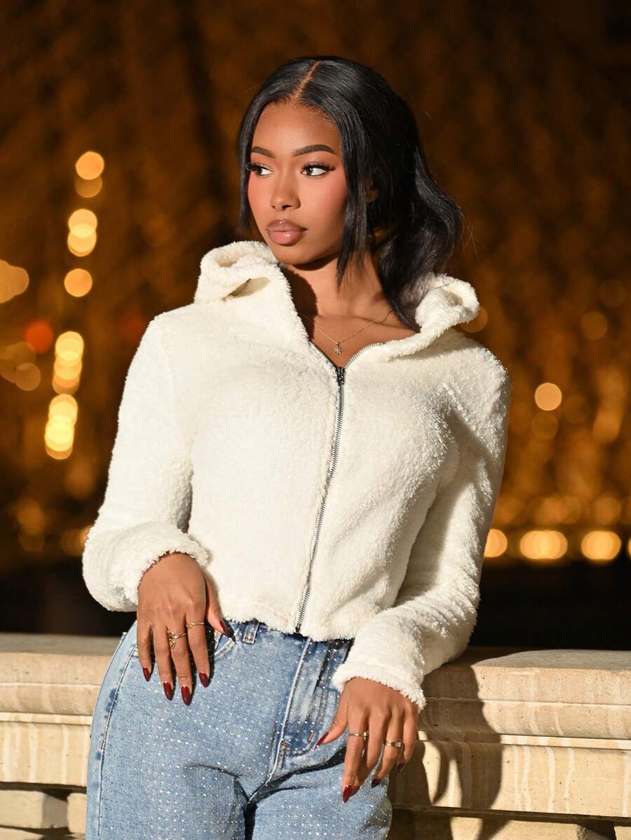 Mima John Women's New Autumn And Winter Solid Color Long-Sleeved Short Casual Hooded Plush Jacket - White - View 1