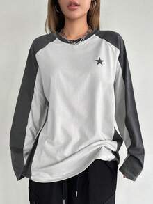 DAZY 星星印花撞色插肩袖 T 恤 Y2k，秋季服装长袖女式上衣 - 白色 - 查看 5