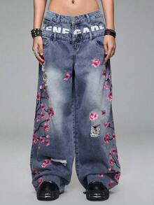 ROMWE Grunge Punk Quần jeans nữ dáng rộng, cạp đôi, thêu họa tiết hoa anh đào, phong cách đường phố. - Màu xanh lam - Xem 2