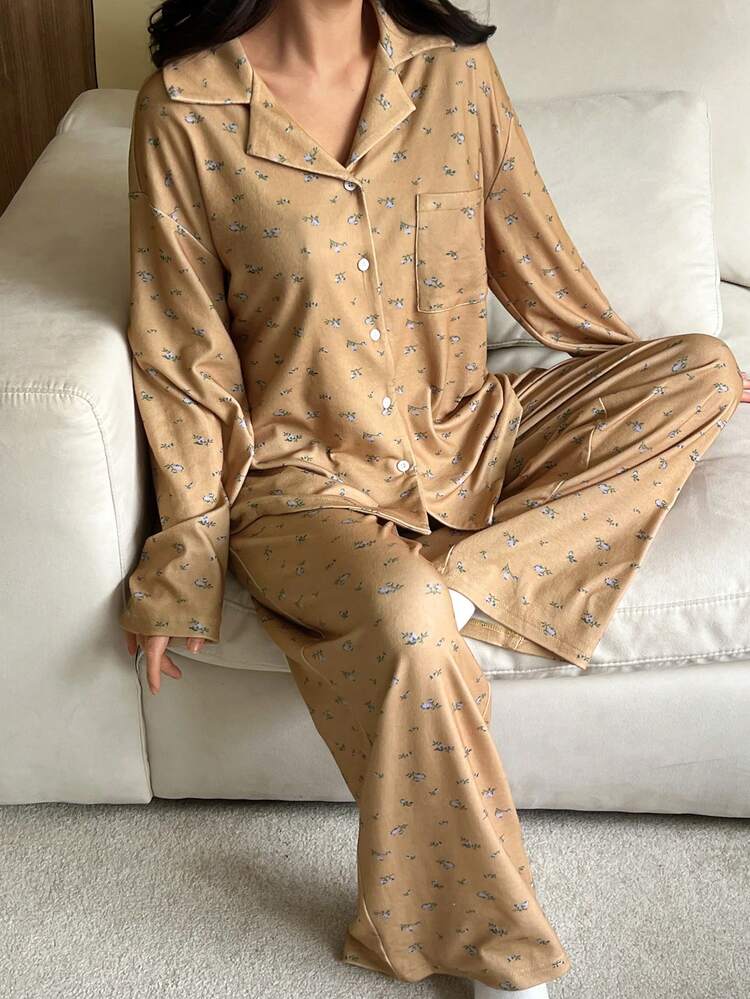 Floral Letter Decor Loose Women Pajama Set