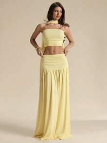 SHEIN BAE 黄色纯色褶皱抹胸上衣和低腰褶皱腰带长裙两件套，沙滩度假装，夏季波西米亚风露背连衣裙，女士演唱会服装，婚礼伴娘两件套，黄色两件套 - 黃色 - 查看 4