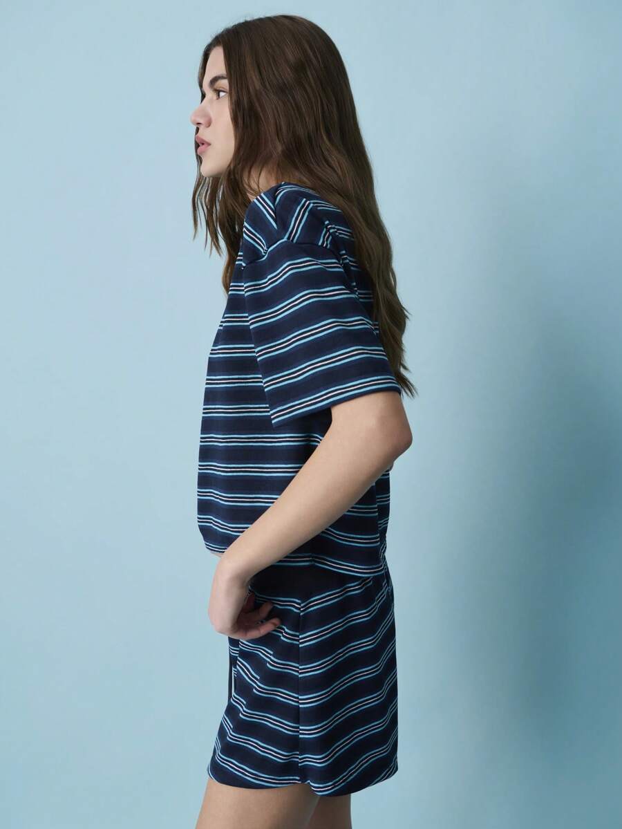 Nöista 女士深蓝、绿、白条纹宽松纯棉短袖T恤 + 抽绳 S - 藏蓝色 - 查看 1