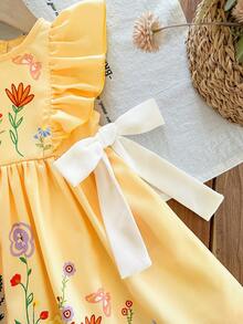 SHEIN Babygirl Cute Floral Print Bow Ruffle Hem Casual Vacation Dress - Yellow - View 3