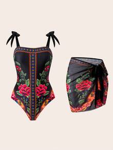 Swim Oasis 1 pezzo Costume da bagno donna con gonna avvolgente corta e allacciatura, stile vacanza - nero - Visualizzare 1