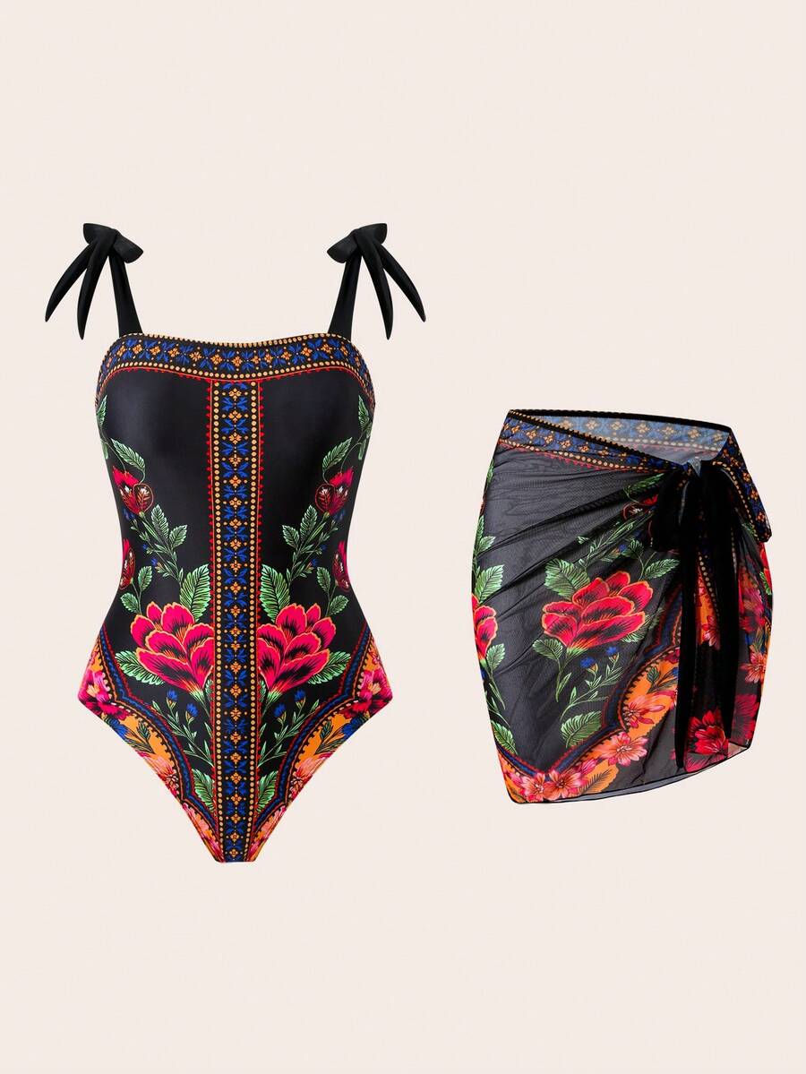 Swim Oasis 1 pezzo Costume da bagno donna con gonna avvolgente corta e allacciatura, stile vacanza - nero - Visualizzare 1
