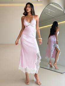 Aloruh 女士优雅V领系带露背修身缎面纯色粉色连衣裙，适合约会和度假穿着 - 淺粉色 - 查看 8